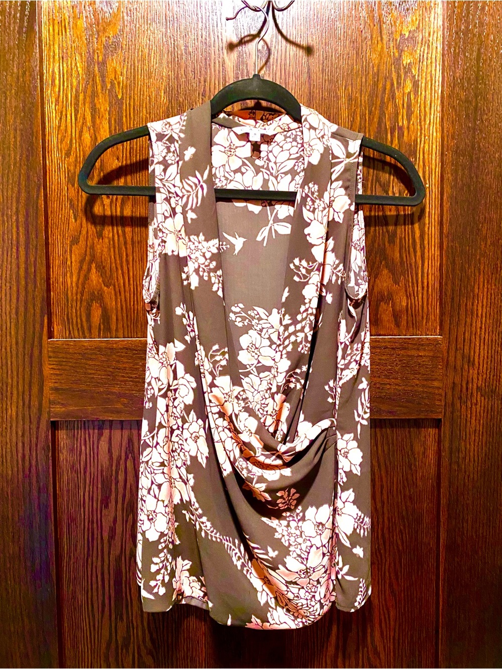 CAbi Floral Sleeveless Drape Neck Top in Brown and Peachy-Pink